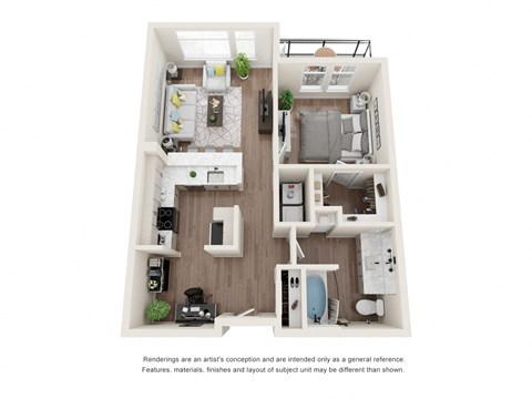 Floor plan for 1 bed, 1 bath, 942 sqft